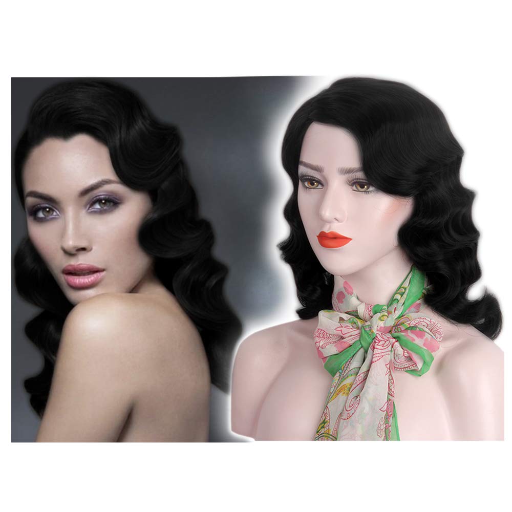 STfantasy Finger Wave Wig 1920s Retro Mid Length Long Curly Synthetic Hair for Women Cosplay Halloween Party Costume (Jet Black)