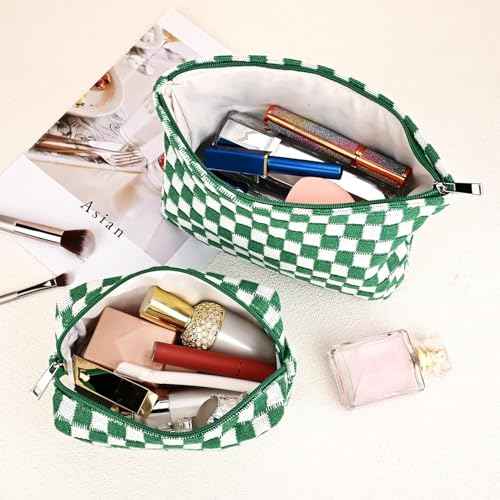 Travel Makeup Bag, Checkered Cosmetic Bag Make Up Organizer Case for Women, Small Toiletry Bag Skincare Pouch for Toiletries Accessories Brushes, 2PCS