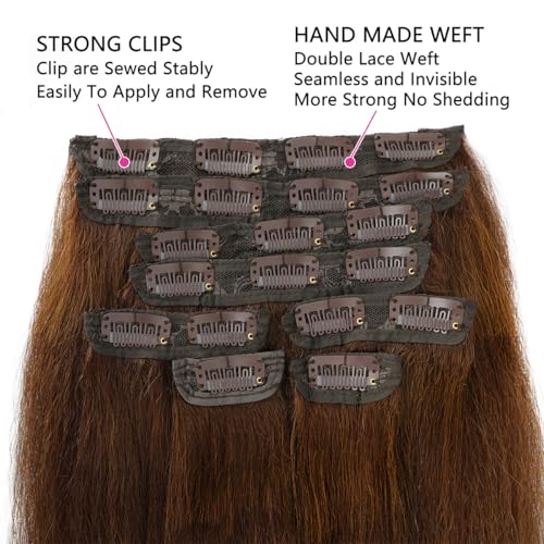 Brown Yaki Straight Clip ins for Black Women Full Head unprocessed Brazilian Remy Human Hair Extensions 22 Inch Seamless Clip ins Human Hair with 20Clips Double Weft 100g Natural Black
