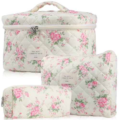 Cute Makeup Bag for Women(2 Pcs), Travel Cosmetic Bags, Quilted Coquette Aesthetic Floral Toiletry Organizer Bag (21 - Pink Flower)