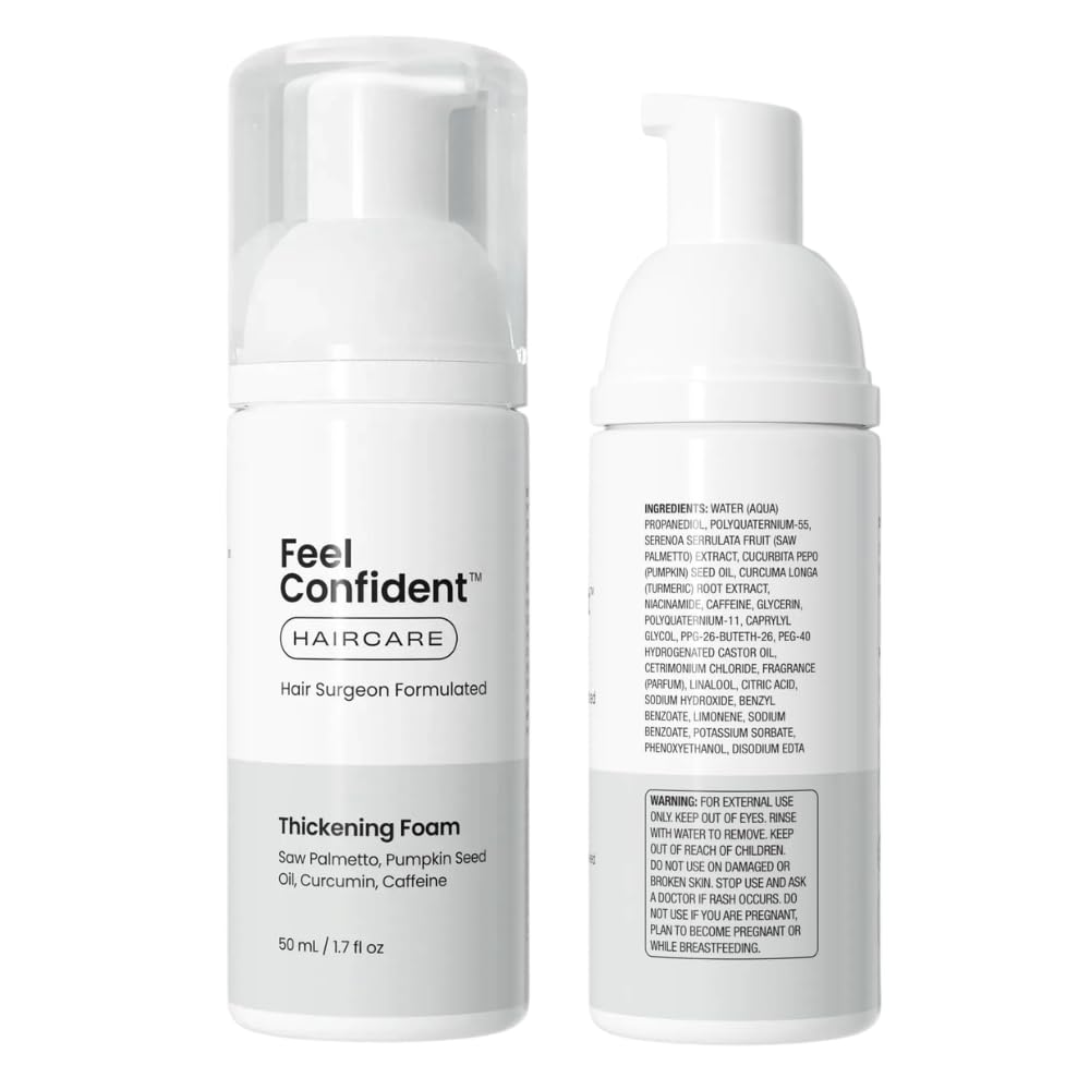 Feel Confident Thickening Foam - Hair Surgeon Formulated for Men & Women with Saw Palmetto, Pumpkin Seed Oil, Caffeine & Turmeric, Lightweight Volumizing & Styling Mousse for Fine or Thin Hair 1.7oz