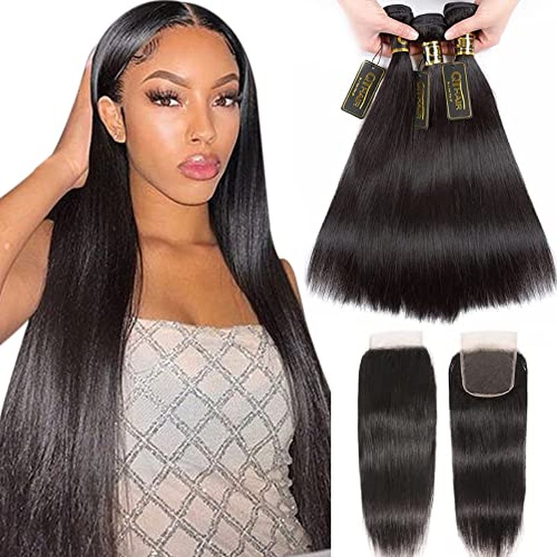 QTHAIR 16A Brazilian Virgin Straight Human Hair with Lace Closure (14/16/18+12 Inch, Natural Black) 100% Unprocessed Straight Brazilian Virgin Hair Weave with 4x4 Swiss Lace Closure