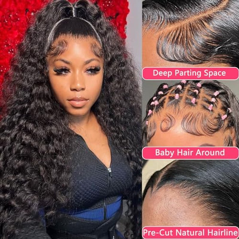 26 Inch Water Wave Lace Front Wigs Human Hair Wigs for Black Women 180% Density 5x5 HD Lace Front Glueless Wigs Human Hair Pre Plucked with Baby Hair Deep Curly Lace Frontal Human Hair Wig