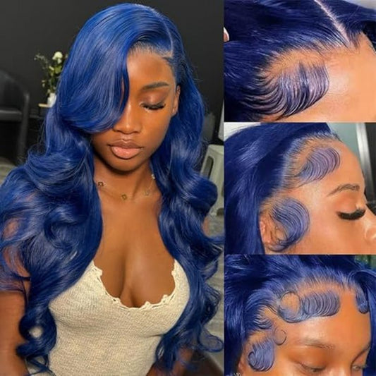 Dark Blue 13x4 Lace Front Wigs Human Hair 26 Inch Pre Plucked 180% Density Body Wave HD Lace Frontal Wigs for Women Blue Hair Glueless Colored Wigs for Women