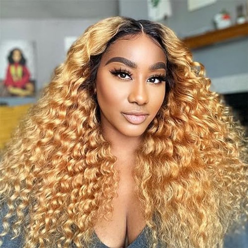 Curly Human Hair Wig Omber T 27 Lace Frontal Closure Deep Curly Human Hair Wig Pre Plucked Pre Cut Lace Frontal Closure Glueless Wigs Elastic Band 200% Density