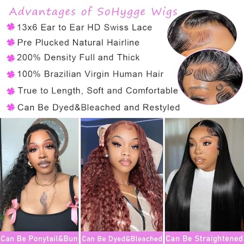 soHygge 13x6 Lace Front Wigs Human Hair 200% Density Brazilian Virgin Deep Wave Pre Plucked HD Transparent Lace Frontal Wigs Human Hair for Women 24 Inch