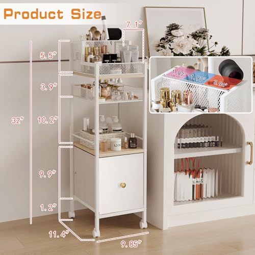 Floor Makeup Organizer Cart, Narrow Floor Skincare Organizers and Storage with Drawers, Bathroom Vanity Organizer Cosmetics Display Cases Holder for Skin Care Nail Polish Perfume Makeup Brush (White)