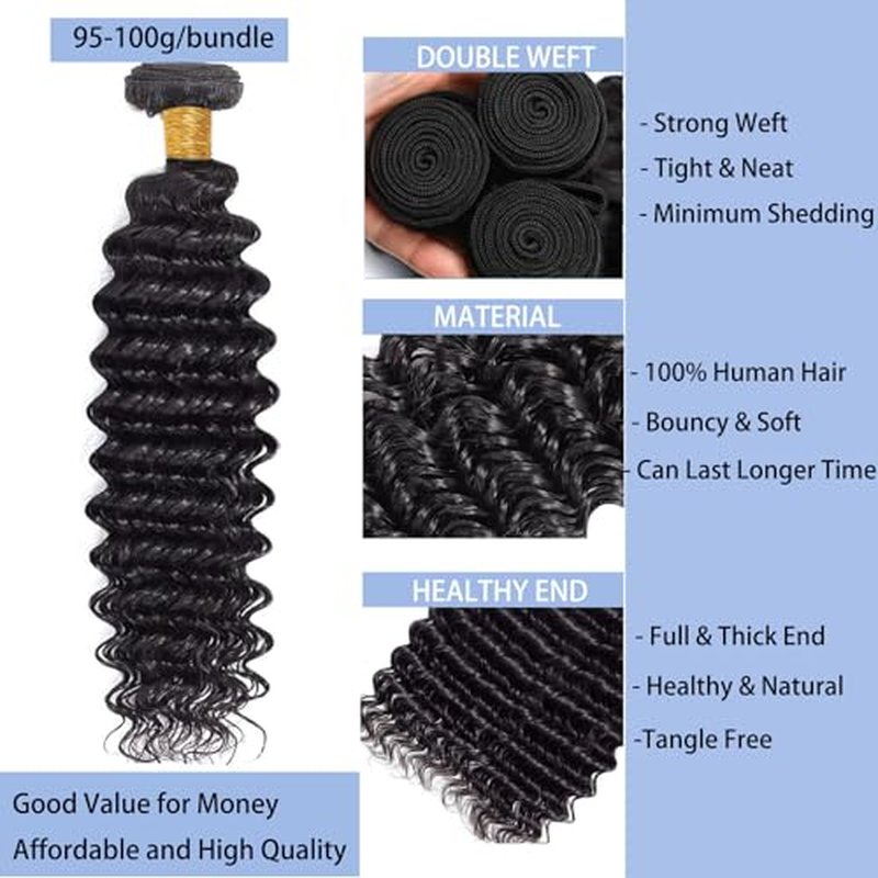 Deep Wave Human Hair Bundles 20 22 24 Inch Deep Curly Bundles Human Hair 12A Unprocessed Brazilian Virgin Weave 3 Bundles Real Human Hair Extensions 1B Bundles for Women