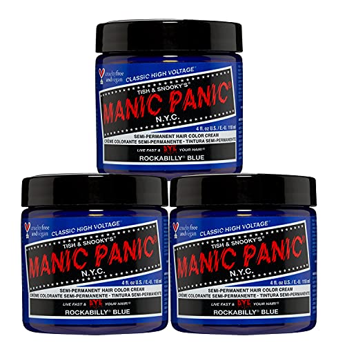 MANIC PANIC Classic Rockabilly Blue Semi Permanent Hair Color - True Neutral Blue Hair Dye for Women & Men That Lasts 4-6 Weeks - Vegan, Ammonia & Cruelty-Free - Create & Mix Custom Shades (4oz / 3pk)