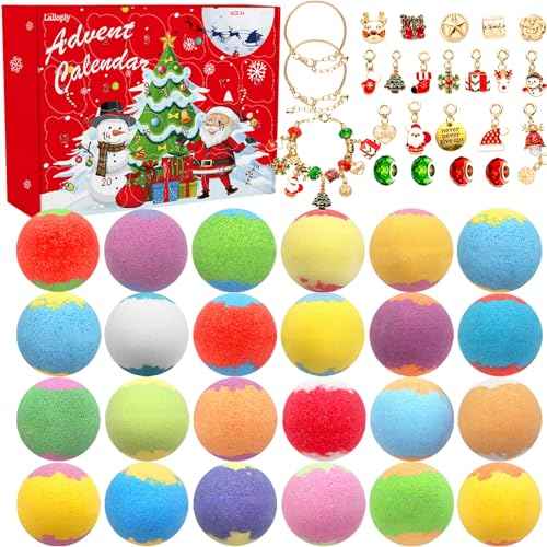 Advent Calendar 2025, Christmas 24 Pack Bath Bombs for Kids with Surprise Jewelry Toys Inside DIY Bracelets Making Kit, Natural Handmade Pure Essential Oil Bubble Bath Balls Gifts for Kids Girls