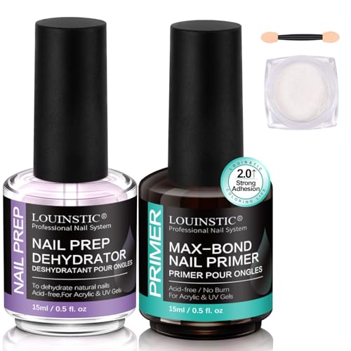 Nail Dehydrator & Acid-Free Primer for Acrylic & UV Gel Polish (All Gel Types), with Chrome Powder & Tool. HEMA-Free, No Burn, No Lift, Quick Air Dry, Low Irritant, Salon & Home DIY Nail Use, 2X15mL