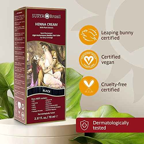 Surya Brasil - Henna Cream for Gray Coverage, Semi Permanent Natural Henna Deep Conditioning Hair Color Treatment, Black, 2.37 oz / 70 ml