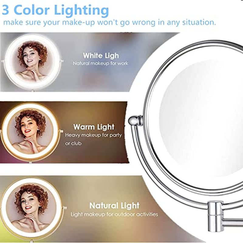 Hardwire LED Lighted Wall Magnifying Mirror for Bathroom with 10x Magnification Sliver,9 Inch Round Surface 13" Extendable Arm Polish Chrome