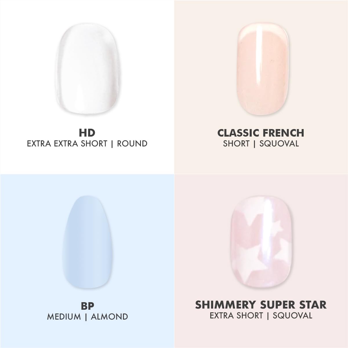 Press-On Nails Kit - 4 Realistic Fake Nail Sets | HD Crisp White, Classic French, Shimmery Super Star, BP Icy Blue - Non-Damaging Glue, Up to 14 Days Wear