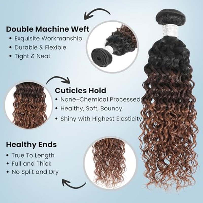 ALHER 12A Ombre Human Hair 3 Bundles Water Wave, Salon Quality Soft Thick Chestnut Brown Ombre Curly Bundles Wet and Wavy 100% Remy Hair #T1B/2/30 Dark Root to Medium Auburn Sew In Weave 10/12/14 Inch