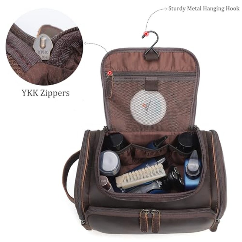Polare Full Grain Leather Toiletry Case Bag Travel Dopp Kit Organizer Hanging Makeup Cosmetic Shaving Kit Wash Case for Men