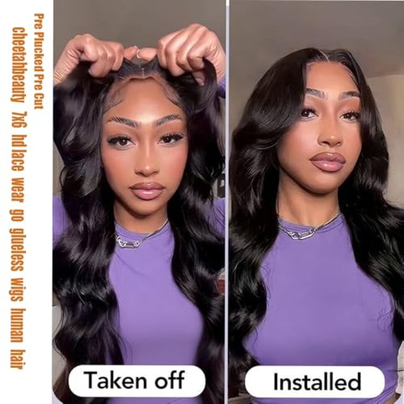 CHEETAHBEAUTY 7x6 Glueless Wigs Human Hair Pre Plucked Pre Cut 16 Inch Body Wave Lace Front Wigs Human Hair for Women 7x6 HD Lace Closure Wigs with Elastic Drawstring 200% Density Natural Color