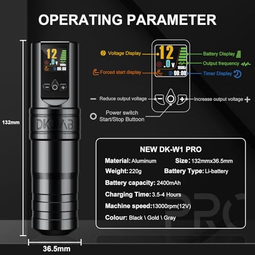 DKLAB New DK-W1 Pro Wireless Tattoo Gun Pen Kit Supply with Japanese Coreless Motor & 2 Pieces of 2400mAh Battery Power for Permanent Make Up Artists (Gray, 4.0mm Stroke)