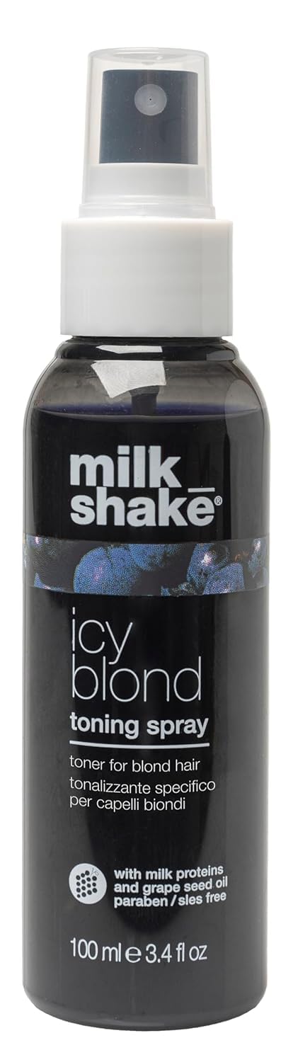 milk_shake icy blond toning spray | leave-in toner with black pigment to cool brass and refresh icy tones in platinum blonde hair | adds softness, shine, and detangling | 3.4 fl oz / 100 mL
