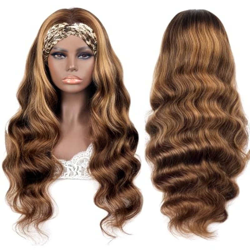 Headband Wig Human Hair Body Wave Highlight Ombre Headband Glueless None Lace Front Wig Brazilian Virgin Hair 24 Inch Wear and Go Wigs for Black Women 150% Density