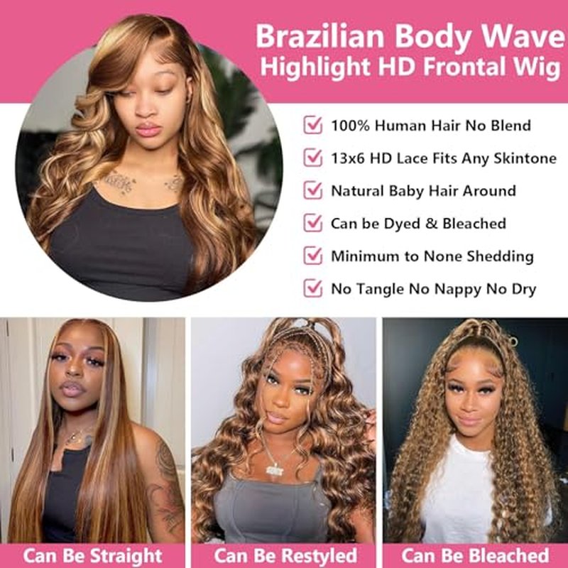 30 Inch Honey Blonde Wig Human Hair 200 Density Ombre 13x6 HD Lace Front Wigs Human Hair Body Wave Lace Front Wig Pre Plucked Glueless Highlight Frontal Wigs Human Hair for Women