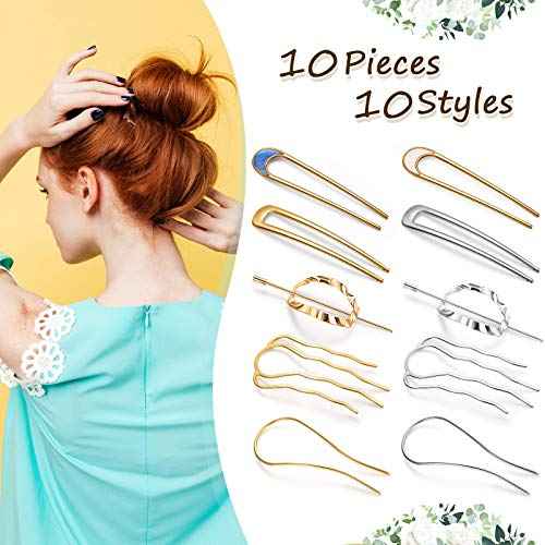 10 Pieces Metal U-Shape Oval Side Comb Hairpin Hair Fork Clip Stick Hair Bun Updo Sticks Gold Silver Chignon Pin Grips for Women Styling Tool Accessories