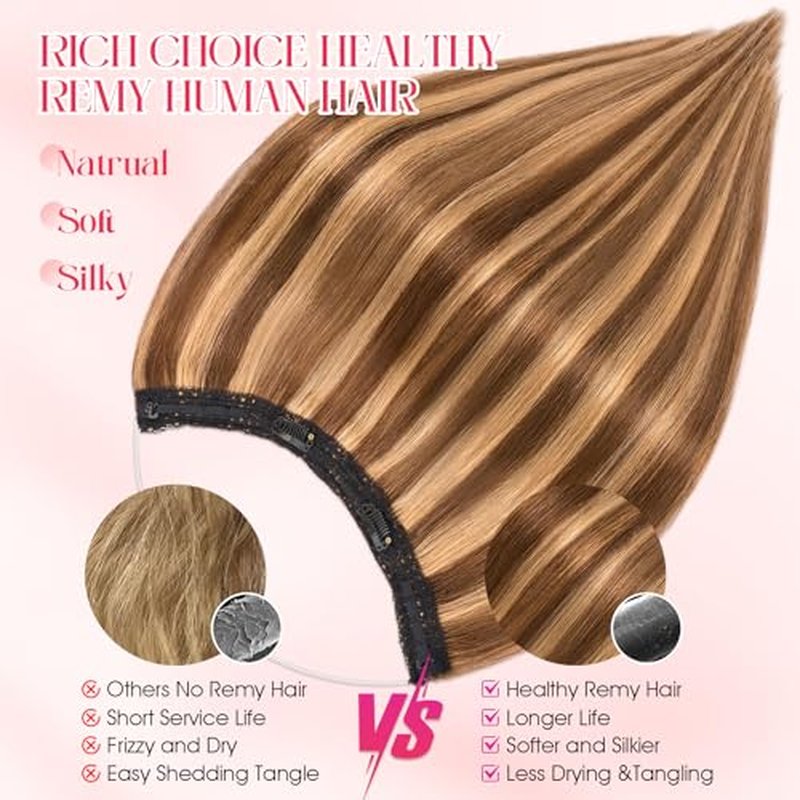 Rich Choices 100% Real Human Halo Hair Extensions for Women Remy Halo Extension Invisible Wire Hairpiece Clip in One Piece Hairpiece Adds Weight 100g 20 Inch #4P27 Medium Brown Highlight Dark Blonde