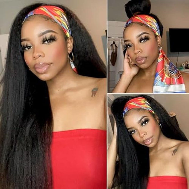 Kinky Straight Human Hair Headband Wigs 24 Inch Glueless None Lace Front Wigs Machine Made Virgin Kinky Straight Human Hair for Black Women 180% Density Natural Color
