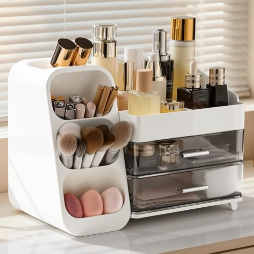 Delamu Makeup Organizer Countertop, Spacious Cosmetic Display Case with Makeup Brush Holder, Perfect Vanity Bathroom Organizer and Storage, Ideal Christmas Gifts for Women Girls, White
