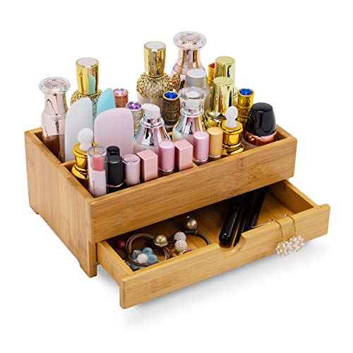 GOBAM Makeup Storage Drawer Organizer Bamboo Wood Cosmetic Display Box, Large Capacity Bathroom Beauty Countertop Organizer, Great for Bathroom Dresser