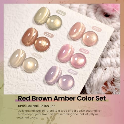 RARJSM Gold Glitter Cat Eye Gel Nail Polish Set 6Pcs Nude Pink Light Purple Brown Gray Green Velvet Ice Jelly Glitter Cateye Gel Polish with Magnetic Stick UV LED Curing Require Home Salon Nails