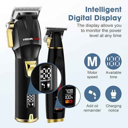HIENA PRO Professional Hair Clippers Set for Men Cordless Barber Kit Hair Cutting Set Rechargeable Clippers and Trimmers Set Hair Cutting Kit with LED Display, USB Charging, Gifts for Men, (Black)
