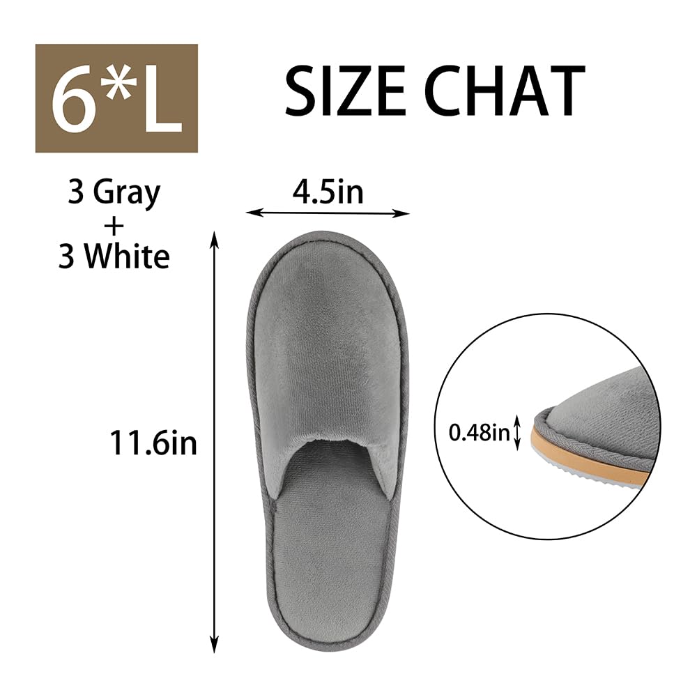 BoxSkivra 2-6 Pairs Spa Slippers, Disposable Slippers, Washable & Non Slip Reusable House Slippers for Women Men Bedroom, Hotel, Travel, Wedding (Thick Soft, Grey, Size 8-10.5 Women/7-9.5 Men)