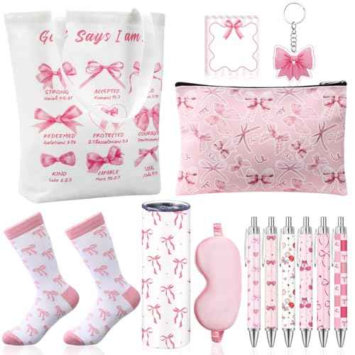 Sieral 14 Pcs Christmas Coquette Pink Bow Gift Set for Santa Women Include Pink Bow Tote Bag 20oz Stainless Steel Cup Socks Gel Ink Pens Sticky Keychain Eye Mask for Gifts
