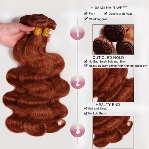 Copper Bundles Human Hair Reddish Brown Body Wave Bundles Hair Extensions 22 22 22 Inch Grade 8A Brazilian Virgin Remy Hair 3 Bundles Double Weft Color #33 Bundles Hair Weave