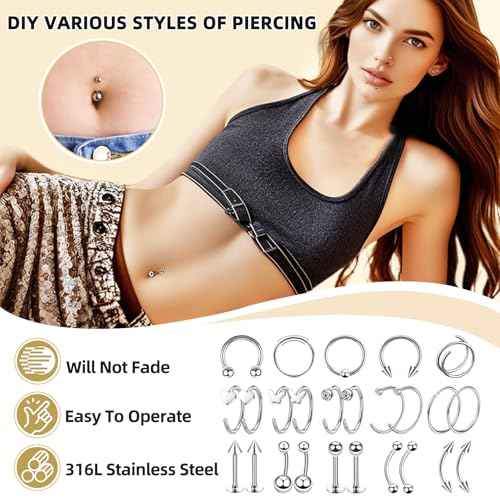 154PCS Mixed-pack Nose Piercing Kits for All Piercings,Stainless Steel Piercing Jewelry Kit 14G 16G with Piecing Needles for Ear Cartilage Tragus Nose Septum Lip Piercing Tools