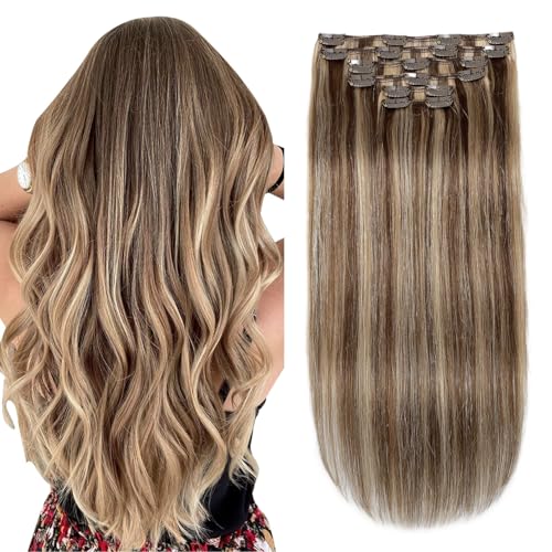 XDhair Clip In Hair Extensions Remy Human Hair 100g 6Pcs Medium Brown #4 Mixed to Caramel Blonde #27 Clip In Real Hair Extensions Silk Stright (#4P27,14Inch)