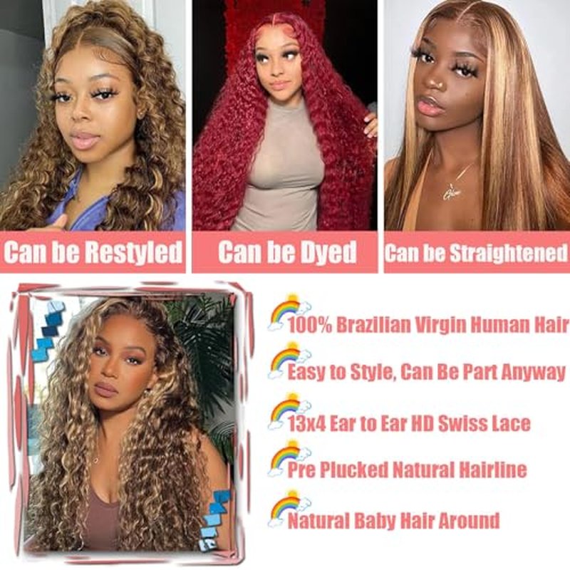 28 Inch Highlight Deep Wave Lace Front Wigs Human Hair 200% Density 13x4 Deep Curly Human Hair Wig Pre Plucked P4/27 Ombre HD Lace Frontal Wigs for Women