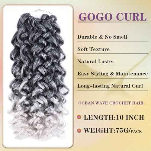 Silke Grey Curly Gogo Curl Ocean Wave Crochet Braids Hair 6 Pack Water Wave Hair Extensions For Women(10inch,Tgrey)