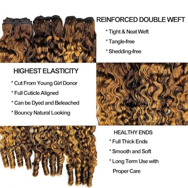 Burmese Curly Bundles Human Hair Water Wave Honey Blonde Ombre Curly Human Hair Bundles Weave with Spiral End 16 18 20 Inches 3c4a Quick Weave Hair Bundles for Women 4/27 3Pcs
