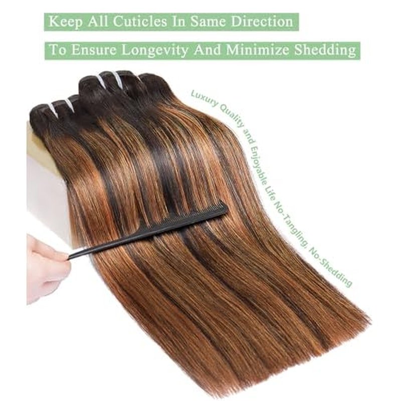 mlip Raw Bundles Human Hair Straight, No Tangle Shedding, Keep Texture Silky Soft After Multiple Washes, 15A Raw Indian Hair Bundles 20 Inches, Brown Highlight Bundles