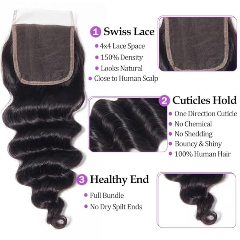 10A Human Hair Bundles with Closure Loose Deep Wave Quick Weave Hair-18 20 22+18inch, 100% Raw Brazilian Virgin Hair Loose Wave Lace Closure with 3 Bundles Pre plucked Natural Black Color