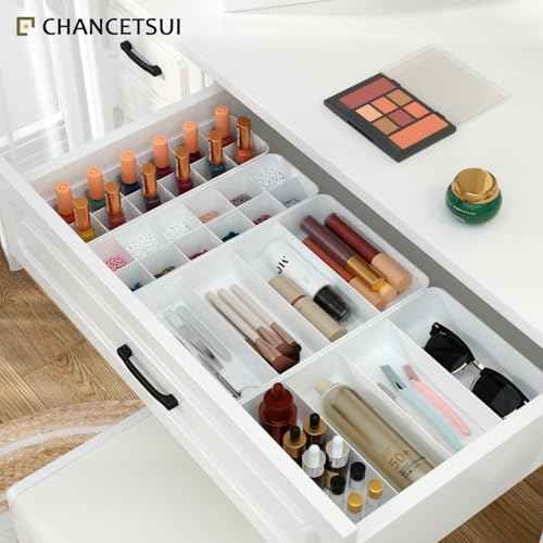 Stackable Drawer Organizer, 3 PCS Versatile Bathroom and Vanity Drawer Organizers Trays Makeup Organization and Storage Set for Lipstick, Lip Gloss, Nail Polish, Cosmetics, Skincare, Jewelry, White