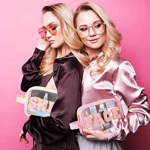 Sotiff 3 Pcs Preppy Patch Makeup Bag Cosmetic Bag Travel Toiletry Bag for Women Chenille Letters Patch Bag with Handle Waterproof Portable Preppy Purse Zipper Pouch for Girls (Colorful,PU)