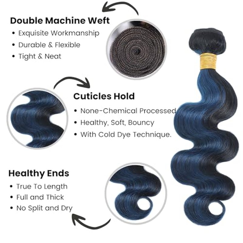 ALHER Black Mix Midnight Blue Bundle Human Hair Body Wave, 12A Soft Thick 3 Bundles Wavy Human Hair, 100% Remy Hair Balayage Two Tone Subtle Colored Double Weft (#1B/Blue, 12 14 16 IN)