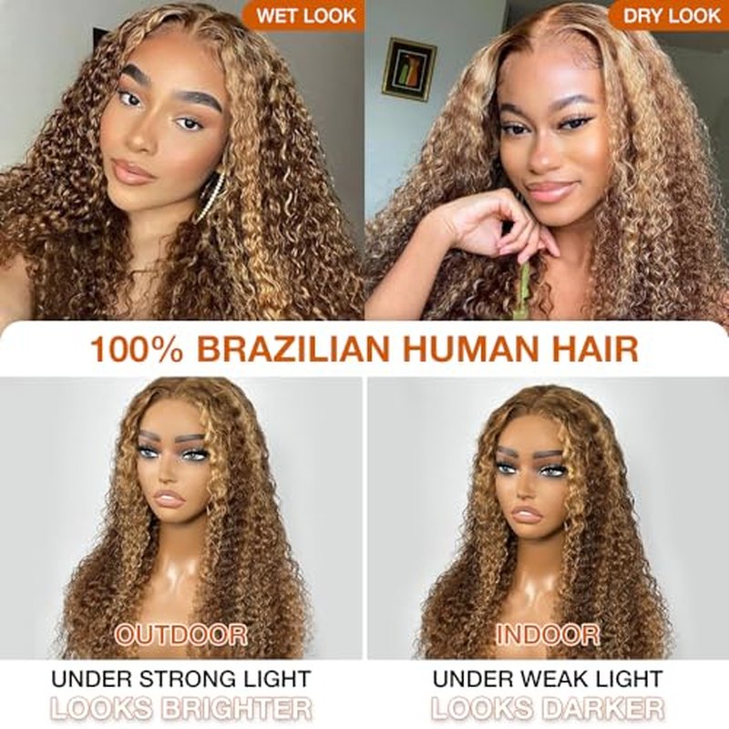 Highlight Glueless Wigs Human Hair Pre Plucked Pre Cut Ombre Honey Blonde Curly Lace Front Wig for Black Women 5x5 HD Lace Closure Wig for Beginners 180 Density