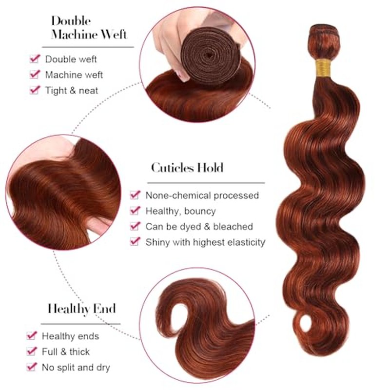 P33/350 Bundles Highlight Ginger Brown Body Wave Human Hair Bundle Two Tone Reddish Brown Mixed With 350 Orange 3 Bundles 26 28 30 Inch Ombre Copper Bundle