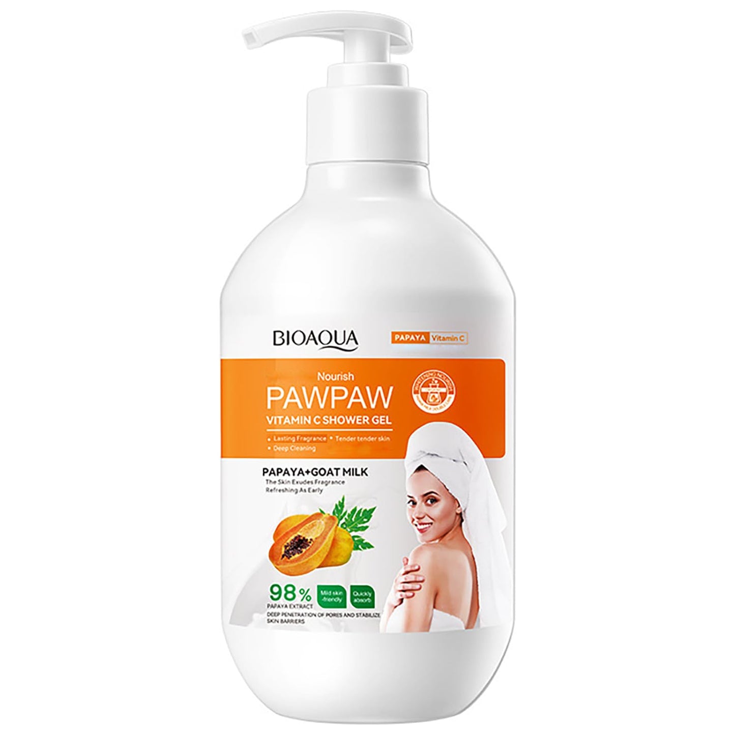BIOAQUA Nourish PawPaw Vitamin C Shower Gel 98% Papaya Extract Goat Milk Tender Skin Deep Cleaning 480ml / 16.23fl.oz