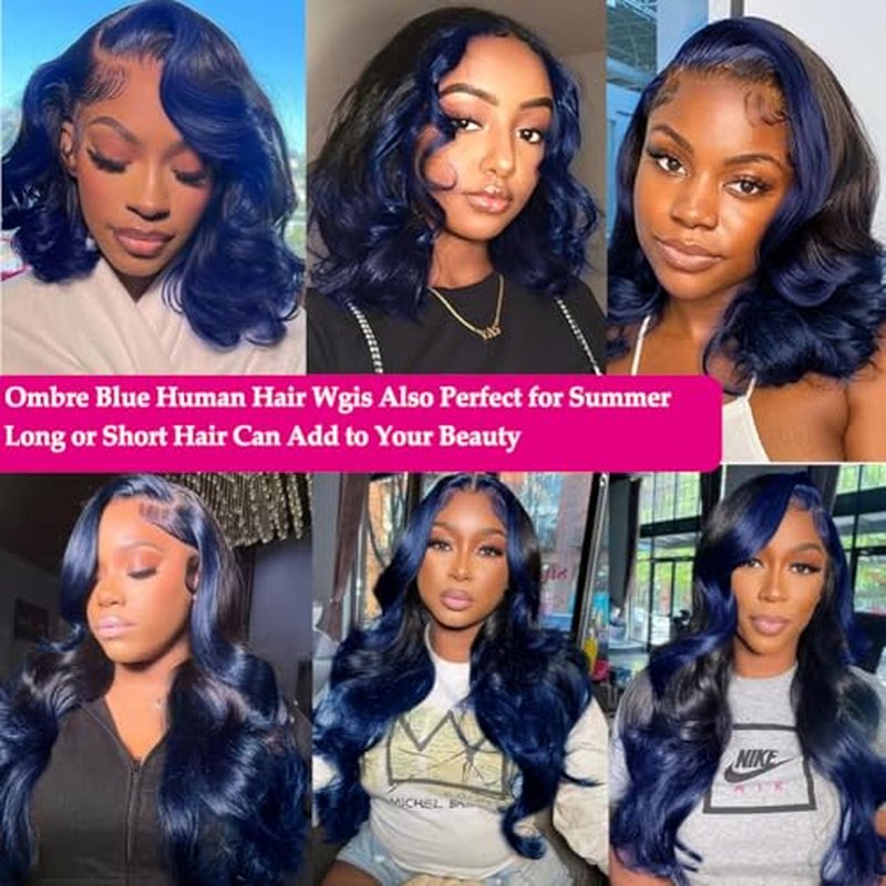 YMS Blue Lace Front Wig Human Hair 180% Density Dark Blue Real Hair Wigs for Women Bleached Knots Ombre Glueless Wigs Pre Plucked with Baby Hair 18 Inch Body Wave Colored 13x4 Lace Frontal Wig