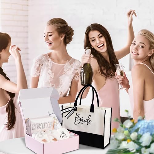 Bridal Shower Gifts?7-Piece Birde Gift Set with Tumbler, Tote, Slippers, Makeup Bag & More-Gift for Bride to be? Bachelorette Gifts for Her-Bridal Shower Decorations